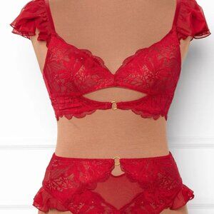 New Mentionables Red Lace Mesh Keyhole Bralette & High Leg Crotchless Panty Smal
